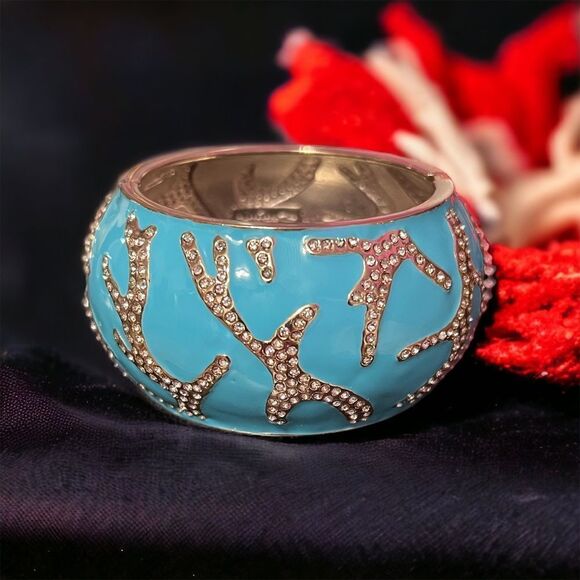 Sequin Blue Coral Rhinestone Wide Hinged Clamper Bangle NWT - Picture 2 of 7